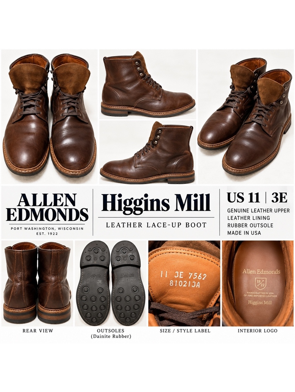 Allen Edmonds Higgins Mill 11 3E Brown Leather Boots